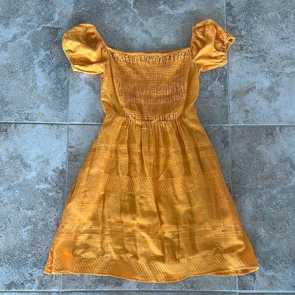 TANYA TAYLOR Golden yellow puff sleeve smocked mini dress Resort Wear Size 0